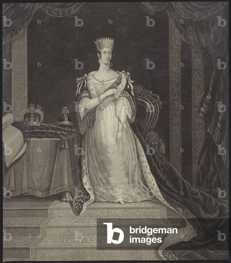 Queen Victoria seated alongside the crown jewels (litho)