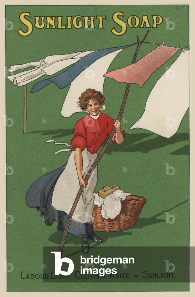 Woman hanging out her washing: advertisement for Sunlight soap (chromolitho)