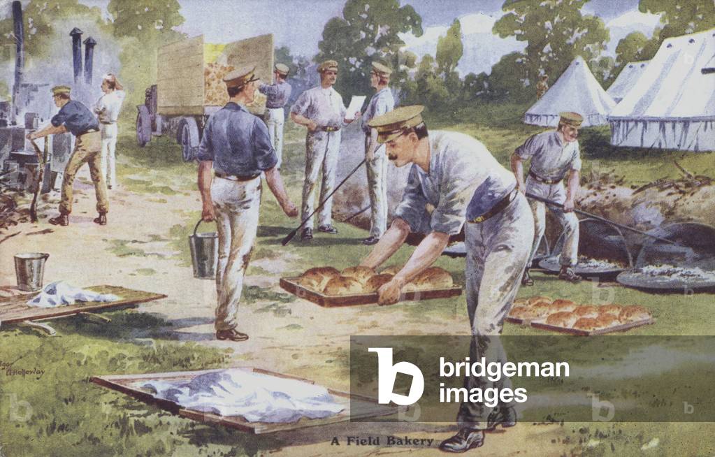 Soldiers preparing bread in a field bakery during WWI. (colour litho)
