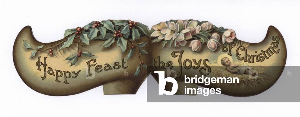 Christmas card, in the shape of clogs (colour litho)