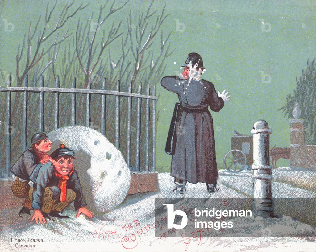 Throwing Snowballs at a Policeman, Christmas Card (chromolitho)