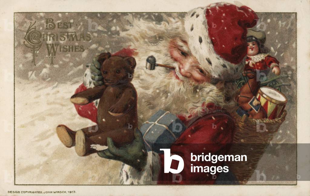 Santa Claus showing off a teddy bear (colour litho)