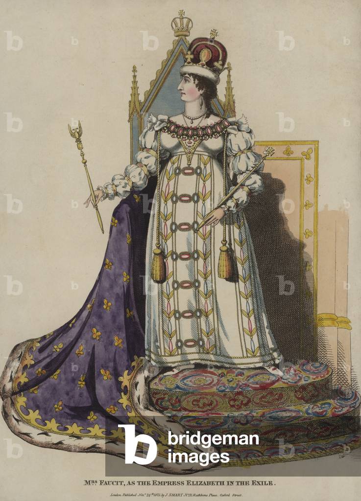 English actress Harriet Faucit as the Empress Elizabeth in The Exile (coloured engraving)