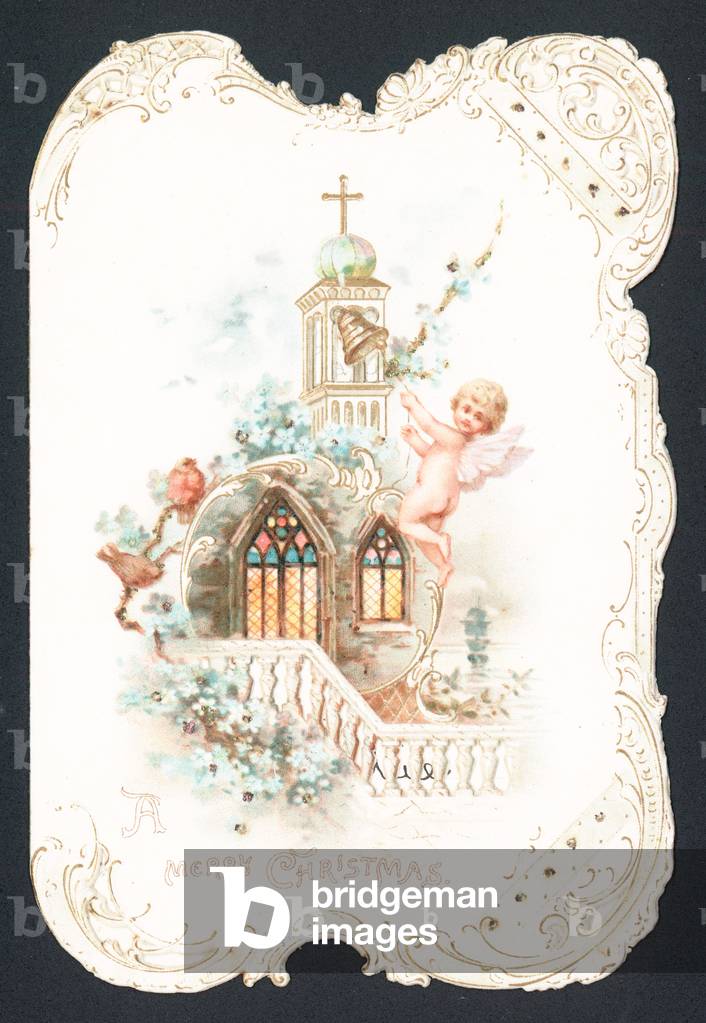 Cherub Ringing Church Bell, Christmas Card (chromolitho)