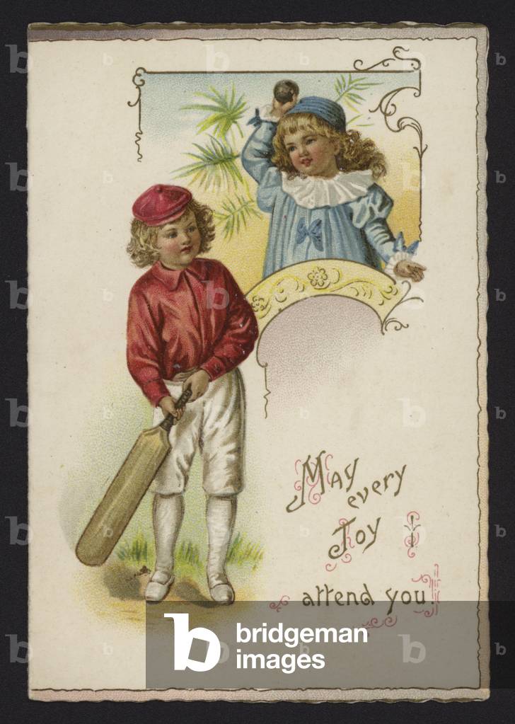 Boy and girl playing cricket, greetings card, late 19th or early 20th Century (chromolitho)