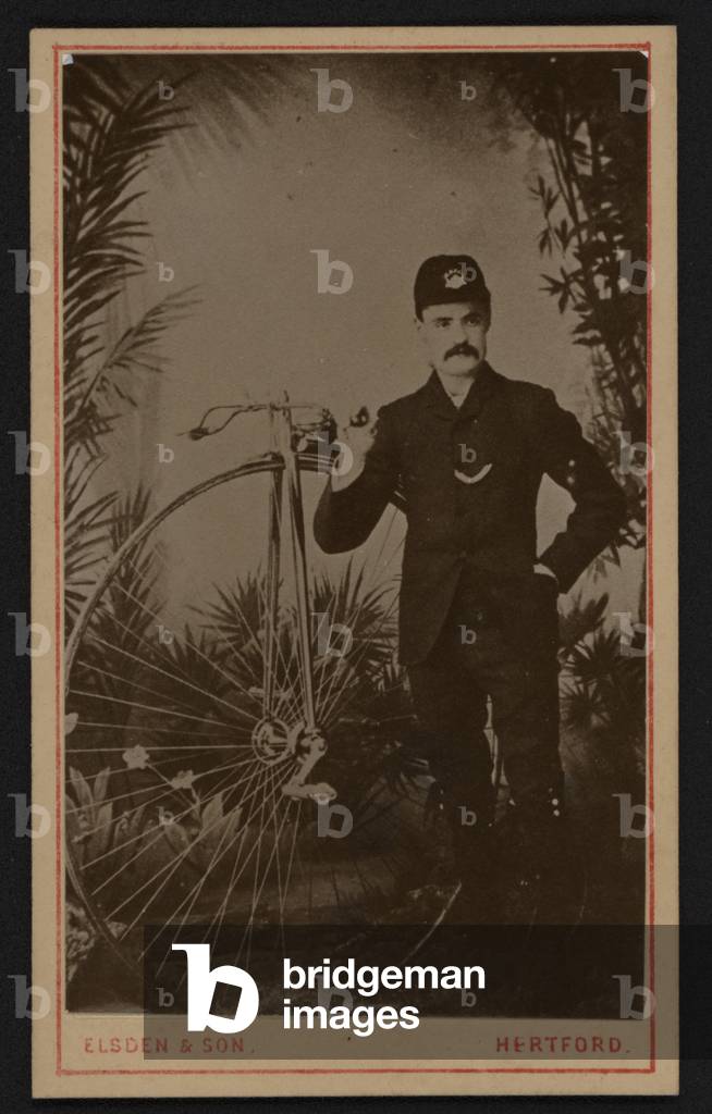 Thomas Stevens, English cyclist, the first to circumnavigate the Earth by bicycle, with his penny farthing (b/w photo)