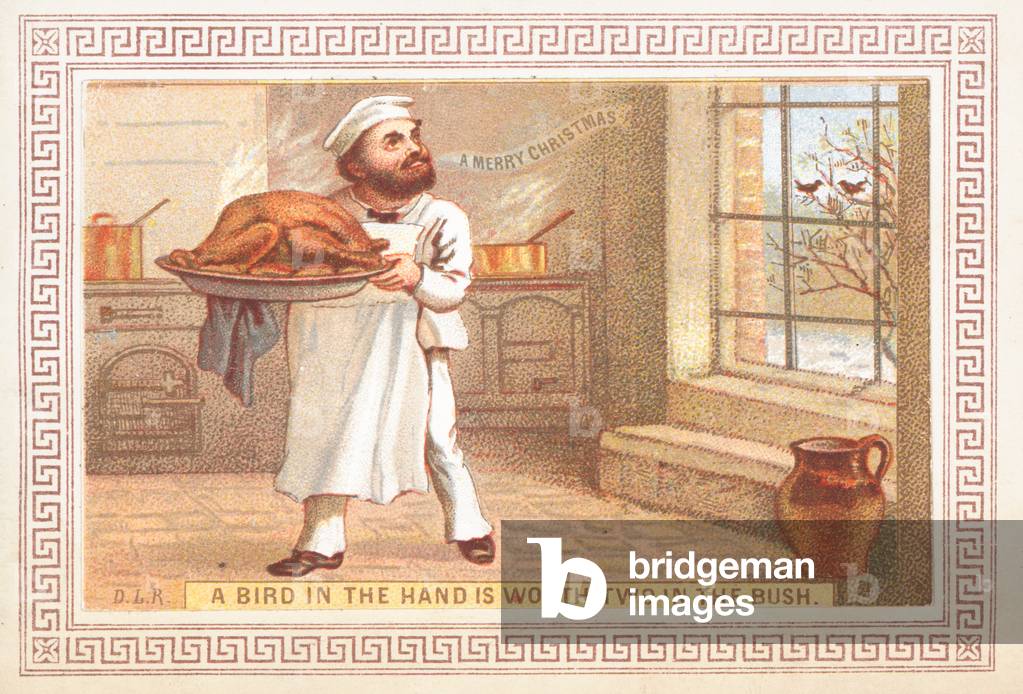 Chef holding turkey platter, Christmas Card (chromolitho)