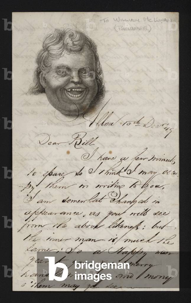 Letter written on writing paper bearing the face of a laughing man (engraving)