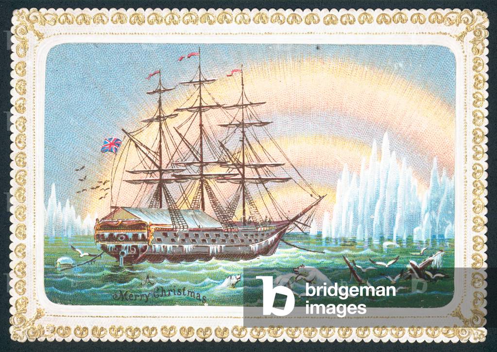 Sailing Ship in icy waters, Christmas Card (chromolitho)