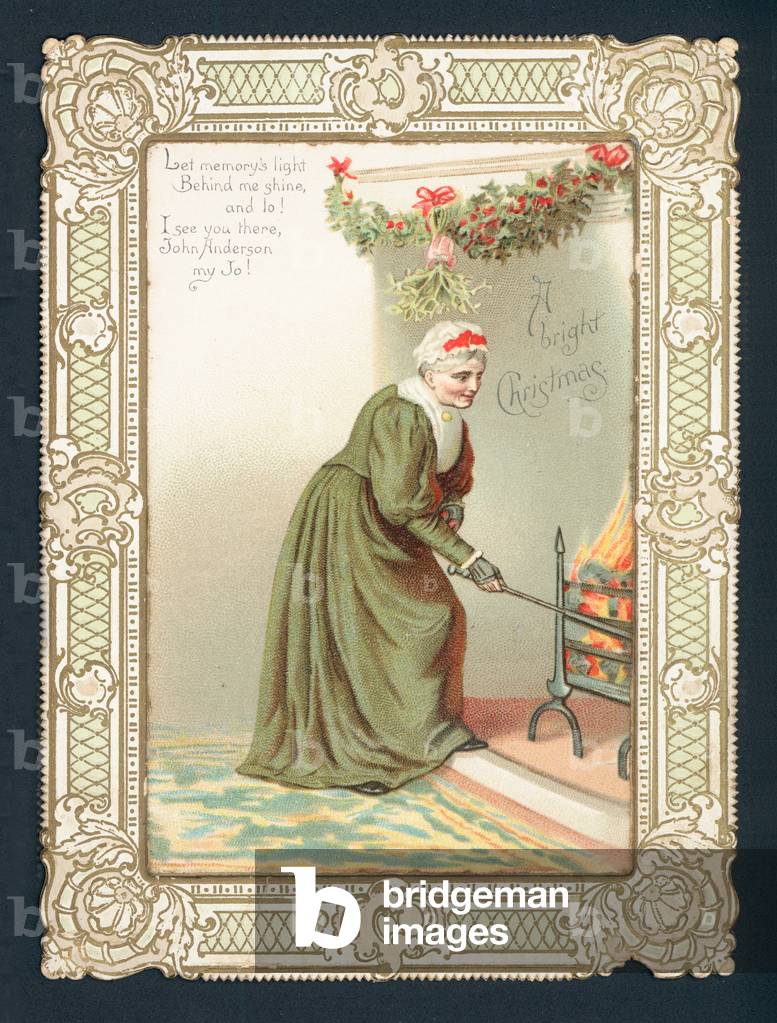 Old Woman stoking the fire, Christmas Card (chromolitho)