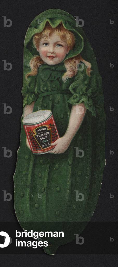 Girl dressed as a cucumber: advertisement for Heinz tomato soup (chromolitho)