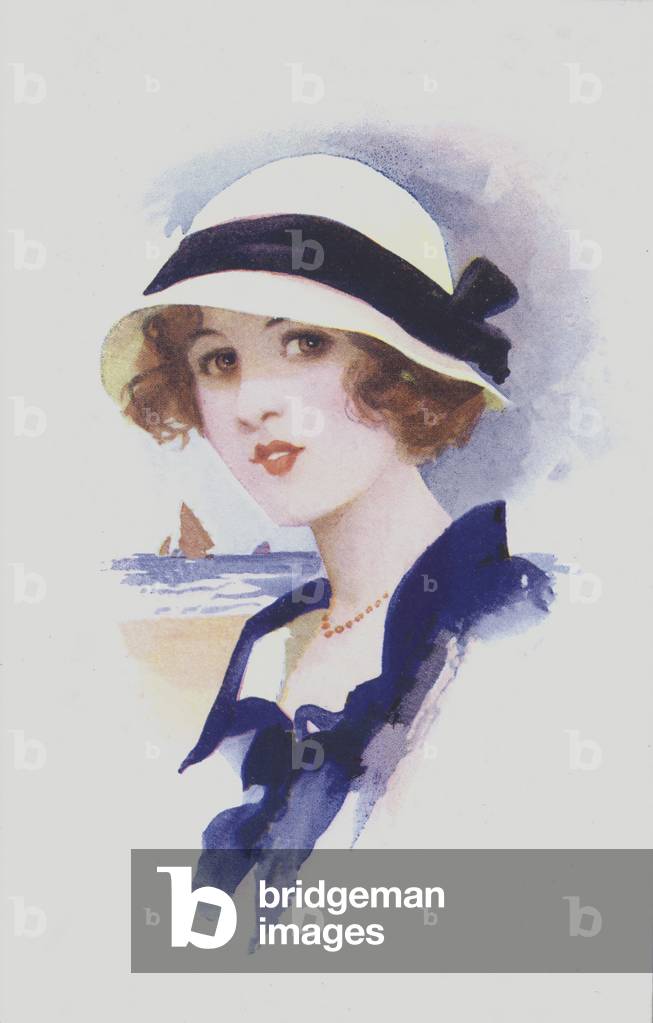 Portrait of a woman wearing a hat (colour litho)