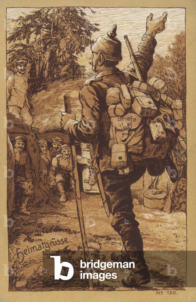German soldier carrying mail receiving a warm welcome on his return to his unit (litho)