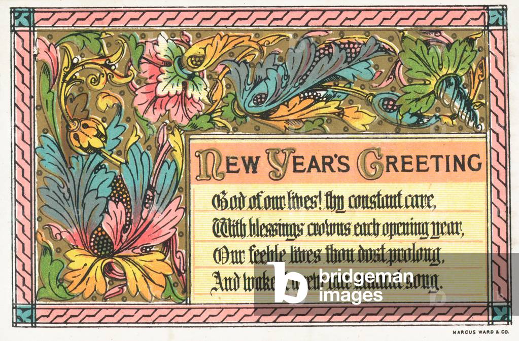 Colourful Leaves, New Year Card (chromolitho)