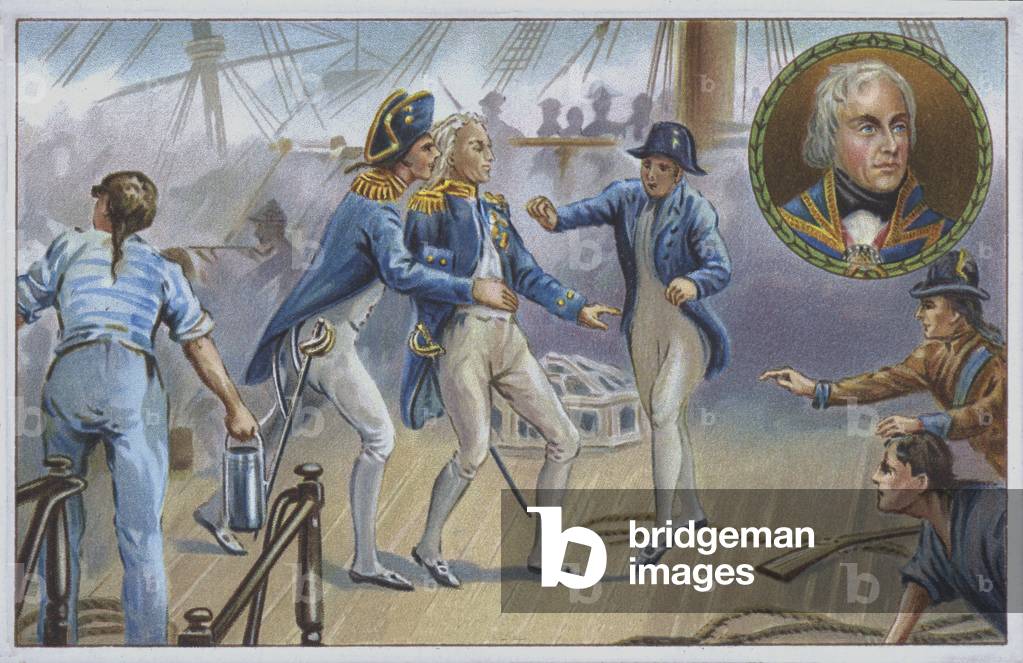 Lord Nelson wounded at the Battle of Trafalgar in 1805. (chromolitho)