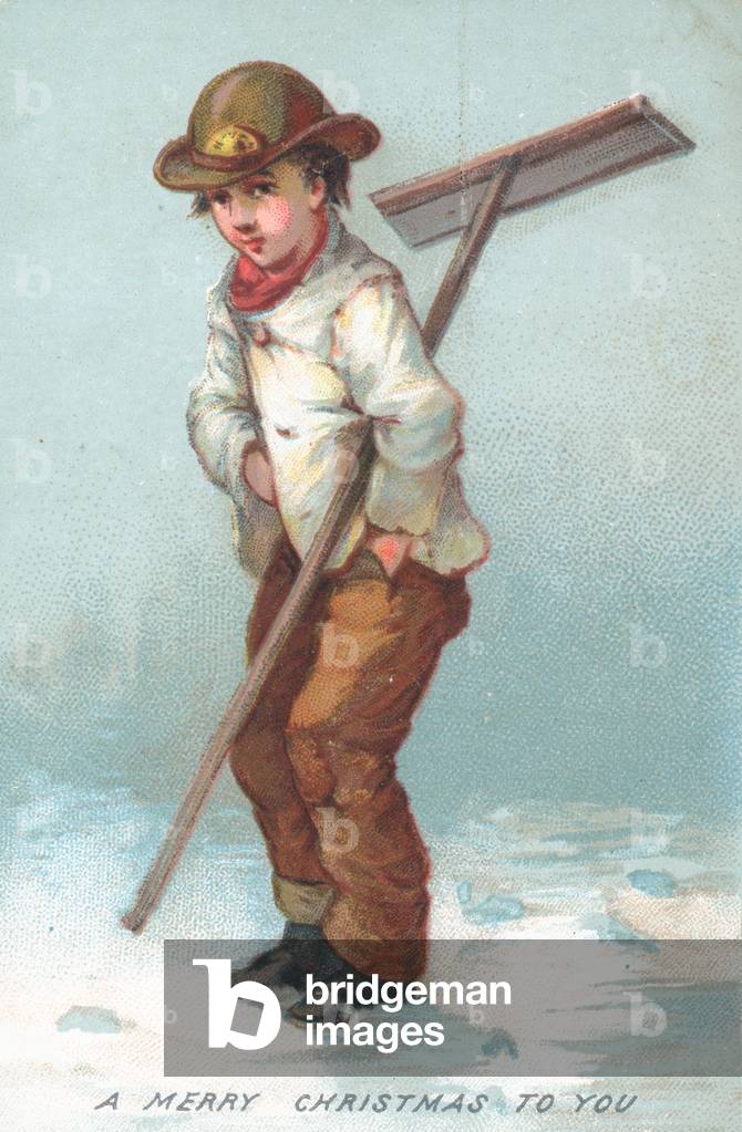 Boy clearing away snow, Christmas Card (chromolitho)