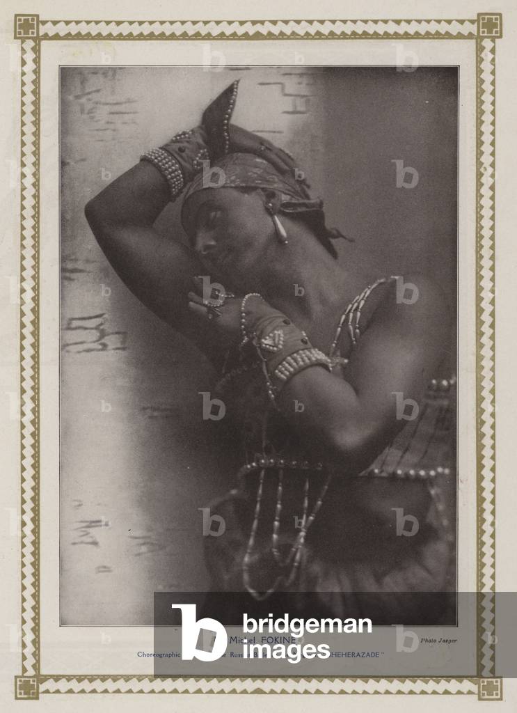 Michel Fokine, Russian ballet dancer and Choreographic Director of the Ballets Russes as a black man in Nikilai Rimsky-Korsakov's ballet Scheherazade (b/w photo)