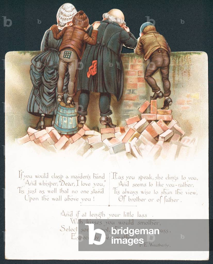 Family leaning over wall watching romantic couple, Christmas Card (chromolitho)