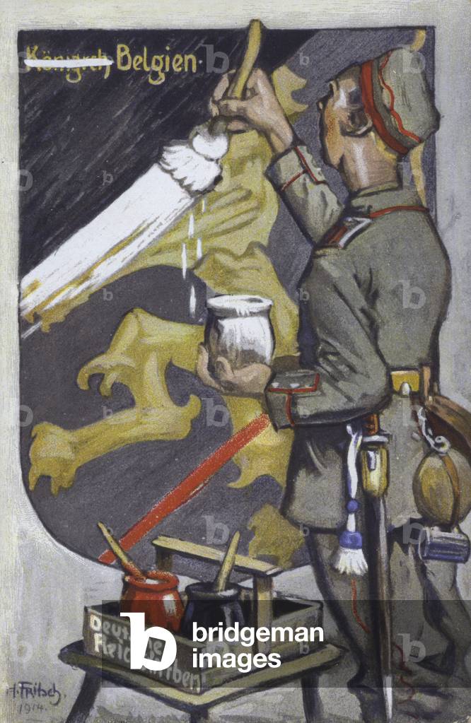 German soldier painting over the emblem of Belgian royalty, First World War propaganda postcard (colour litho)