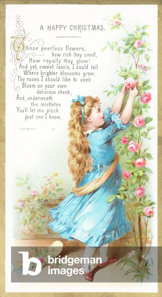 Girl picking roses, Christmas Card (chromolitho)