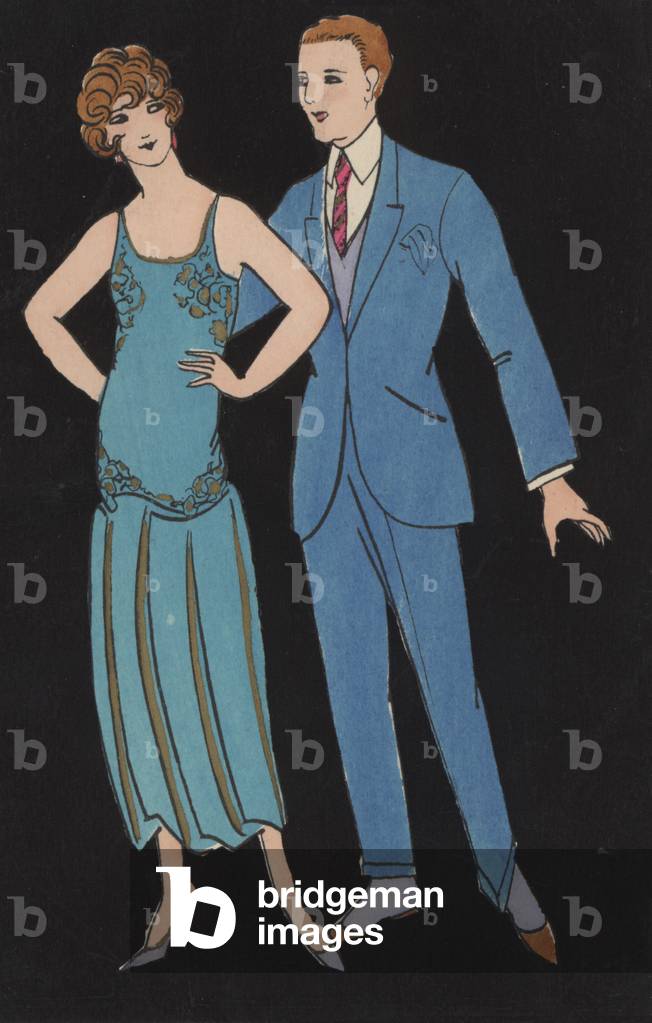 Couple in fashionable dress (colour litho)