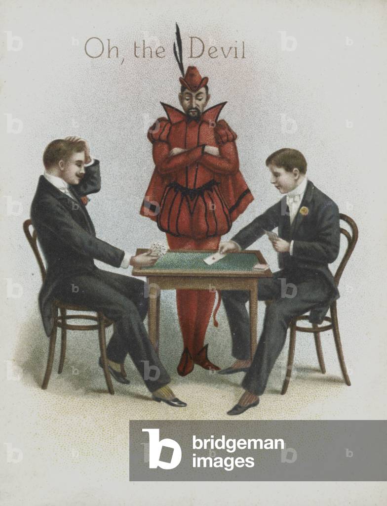 Two men playing cards, watched by the devil (chromolitho)