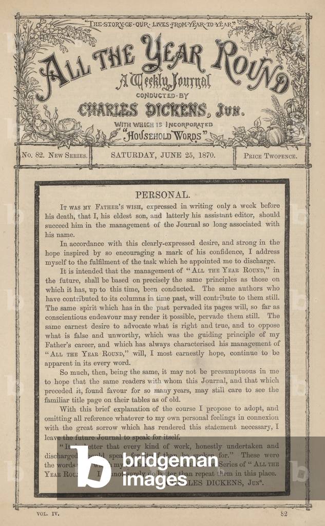 Message from Charles Dickens Junior in the weekly journal All The Year Round, after his father's death, 1870 (litho)