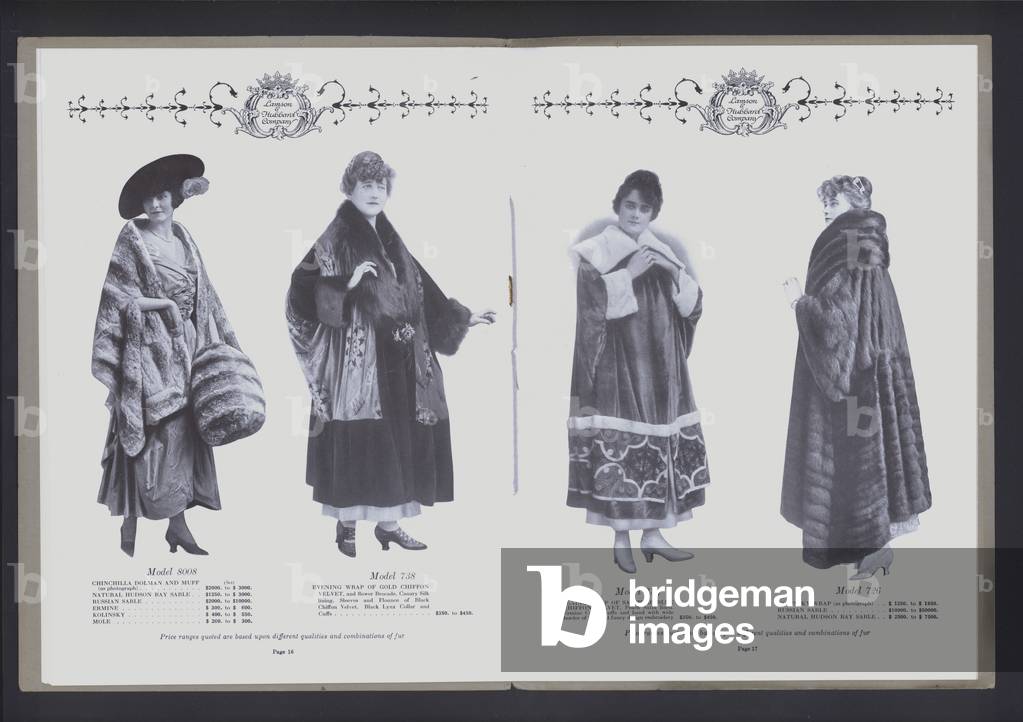 Two-page spread from The Theater of Fur Fashion (b/w photo)
