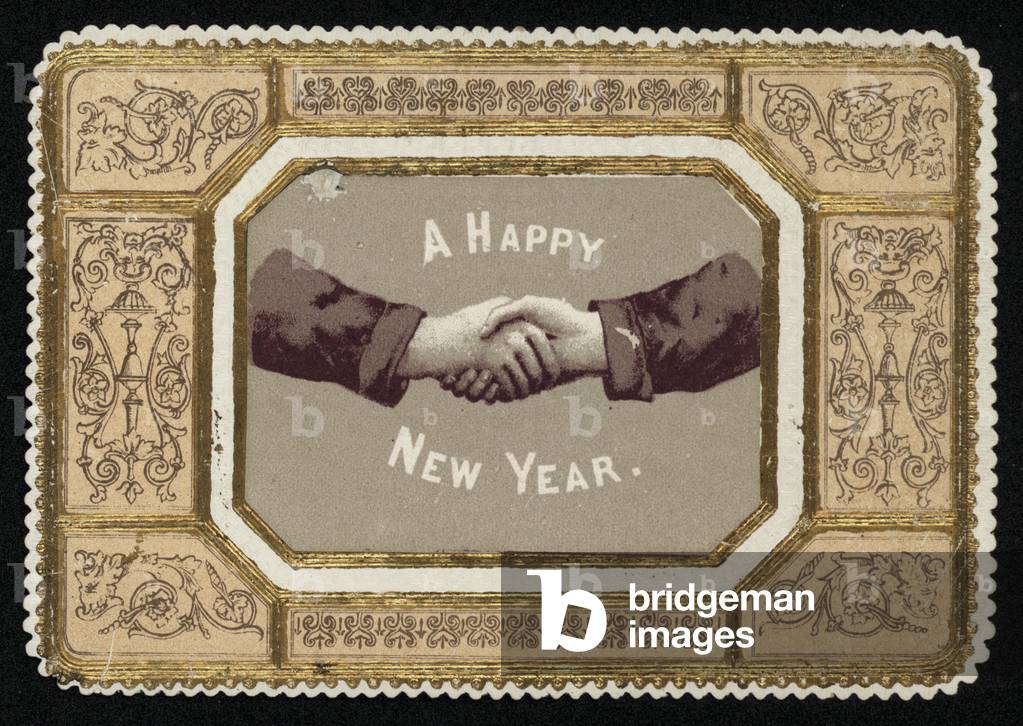 Handshake, New Year's greetings card. (chromolitho)