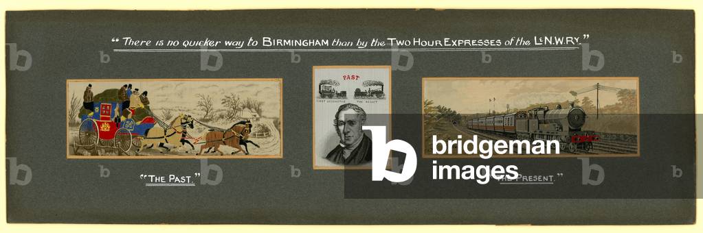 Advertisement for express train services between London and Birmingham on the London and North Western Railway (colour litho)