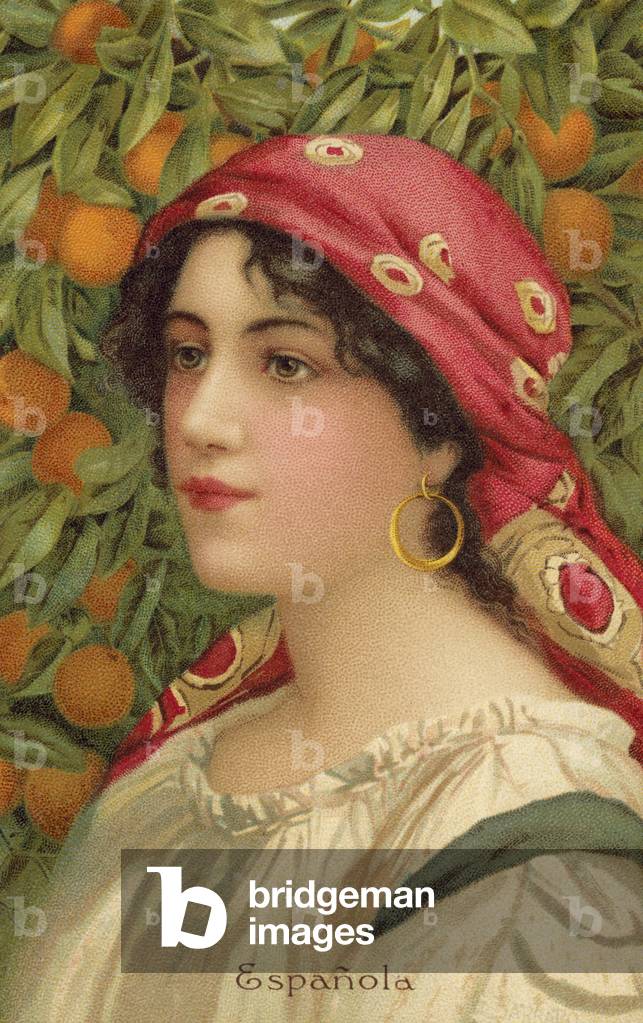 Portrait of a Spanish woman with an orange tree (colour litho)