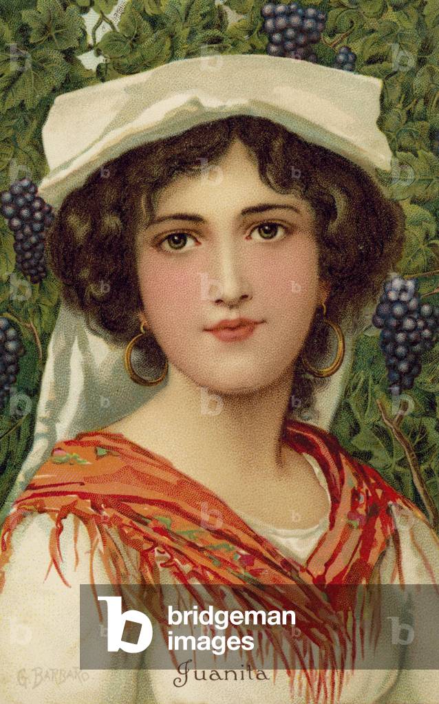 Portrait of a woman with a grape vine (colour litho)