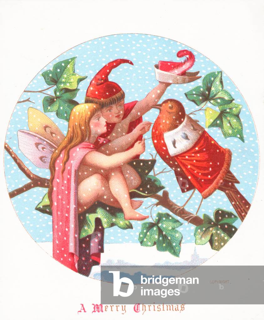 Angel and Elf dressing Robin, Christmas Card (chromolitho)