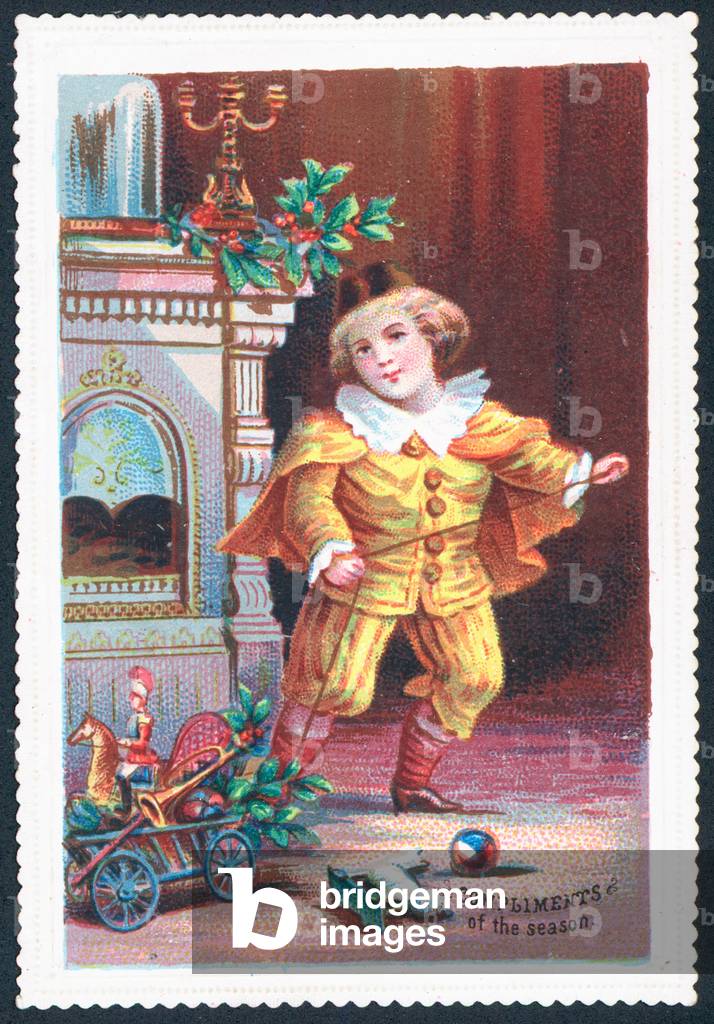 Boy playing with toys, Christmas Card (chromolitho)