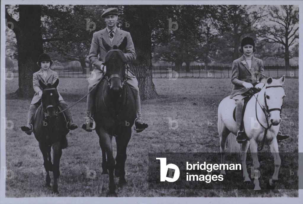 King George VI riding with his daughters, Princess Elizabeth and Princess Margaret (b/w photo)