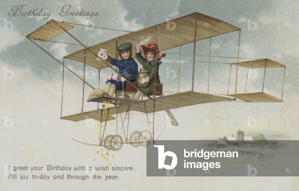 Birthday greetings card depicting two children on a plane. (chromolitho)