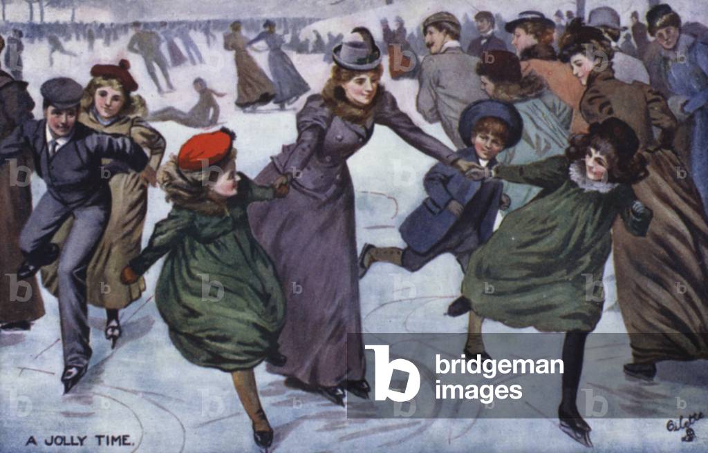 Ice skaters having fun (colour litho)
