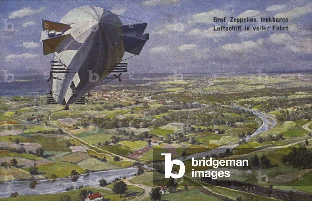 Graf Ferdinand von Zeppelin's airship in flight (colour litho)