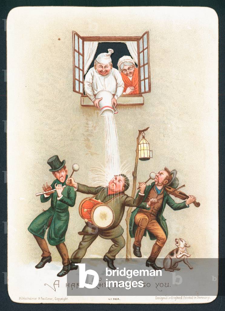 Pouring water on revellers, Christmas Card (chromolitho)