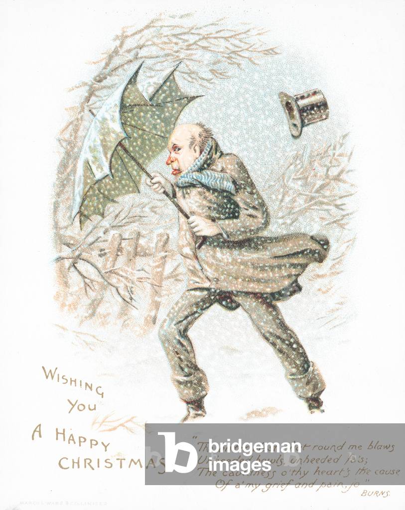 Man walking through snow in strong wind, Christmas Card (chromolitho)