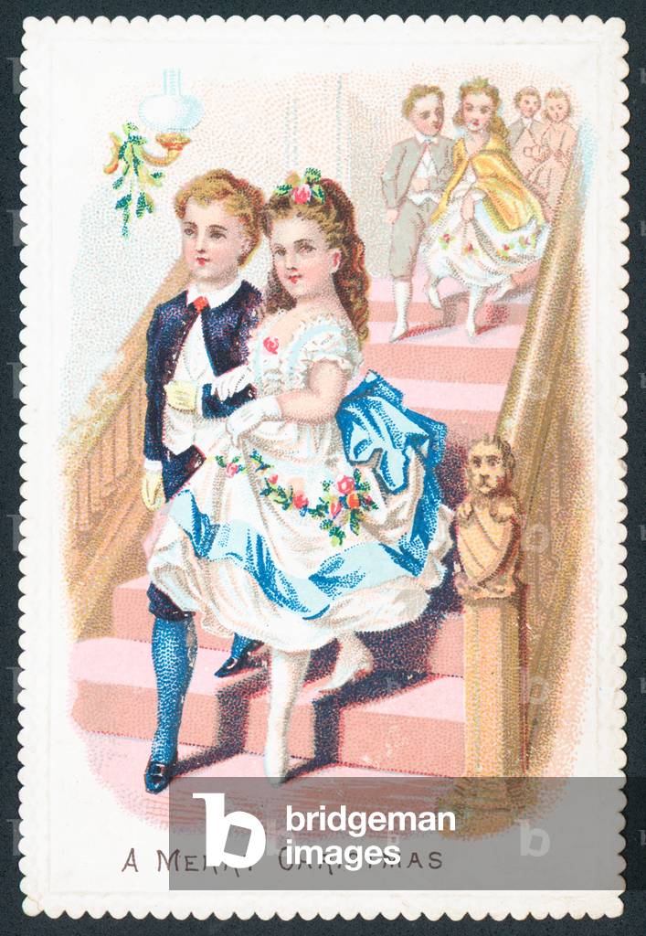 Couple arriving at party, Christmas Card (chromolitho)