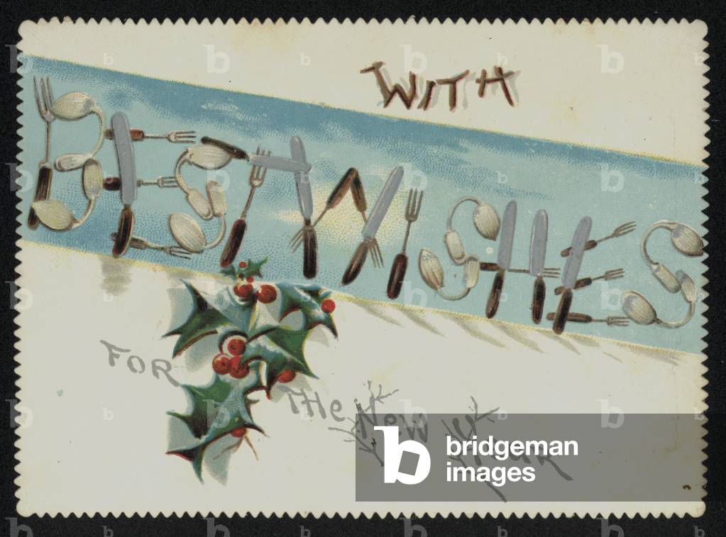 Best wishes spelled out in cutlery, New Year's greetings card. (chromolitho)