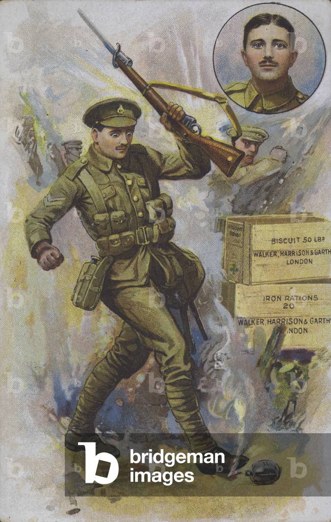 British soldier saving his unit's rations from being blown up by a hand grenade, World War I, 1914-1918. (chromolitho)