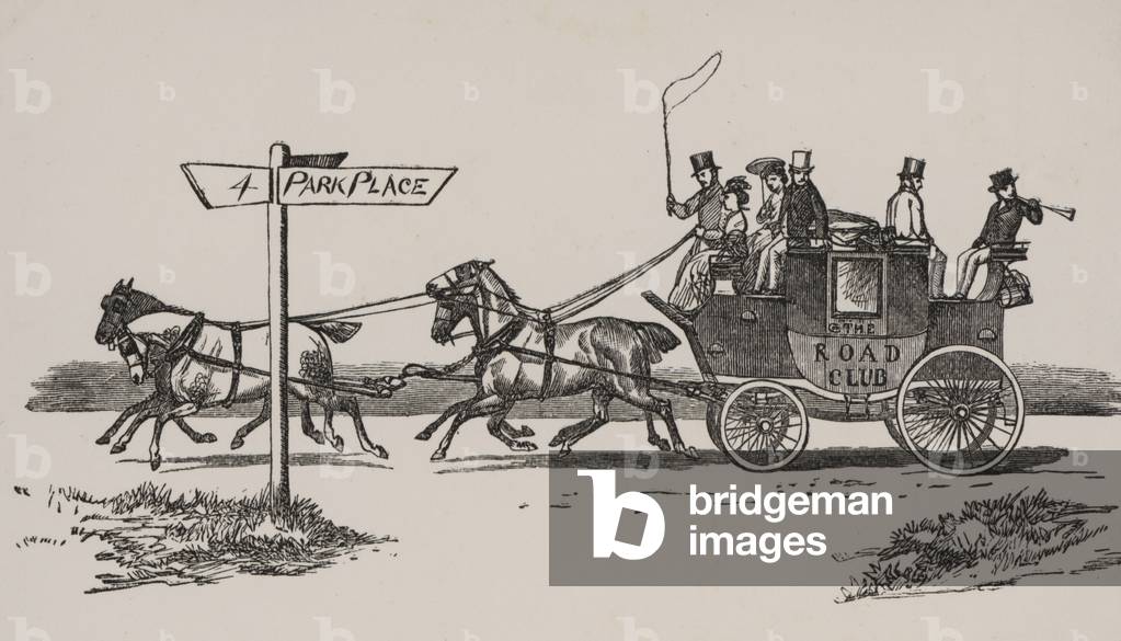 Stagecoach on the road (engraving)