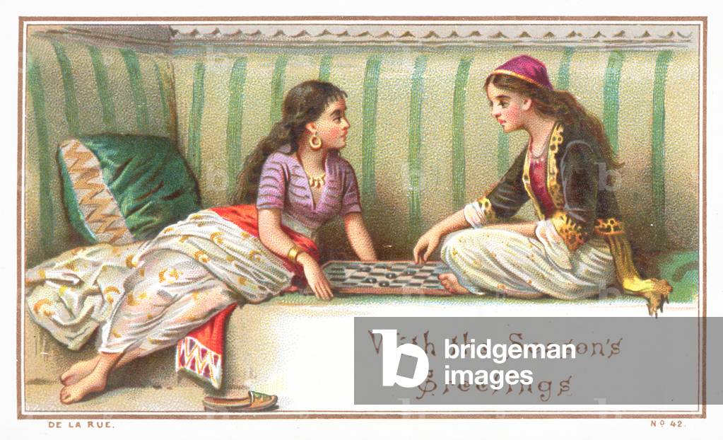 Arabic Ladies playing Board Game, Christmas Card (chromolitho)