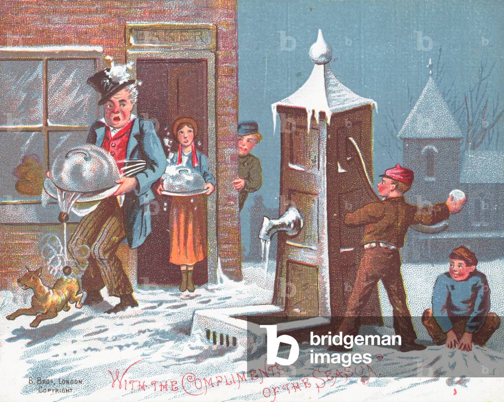 Throwing Snowballs at The Baker, Christmas Card (chromolitho)