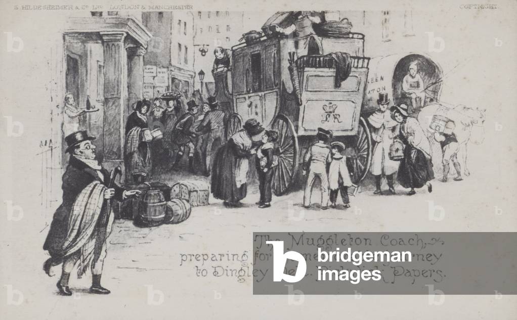 The Muggleton Coach, preparing for the memorable journey to Dingley Dell, Pickwick Papers (b/w photo)