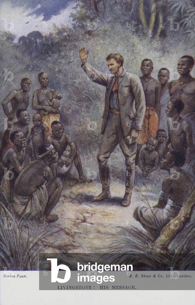 Scottish explorer, David Livingstone, preaching to an African tribe. (colour litho)