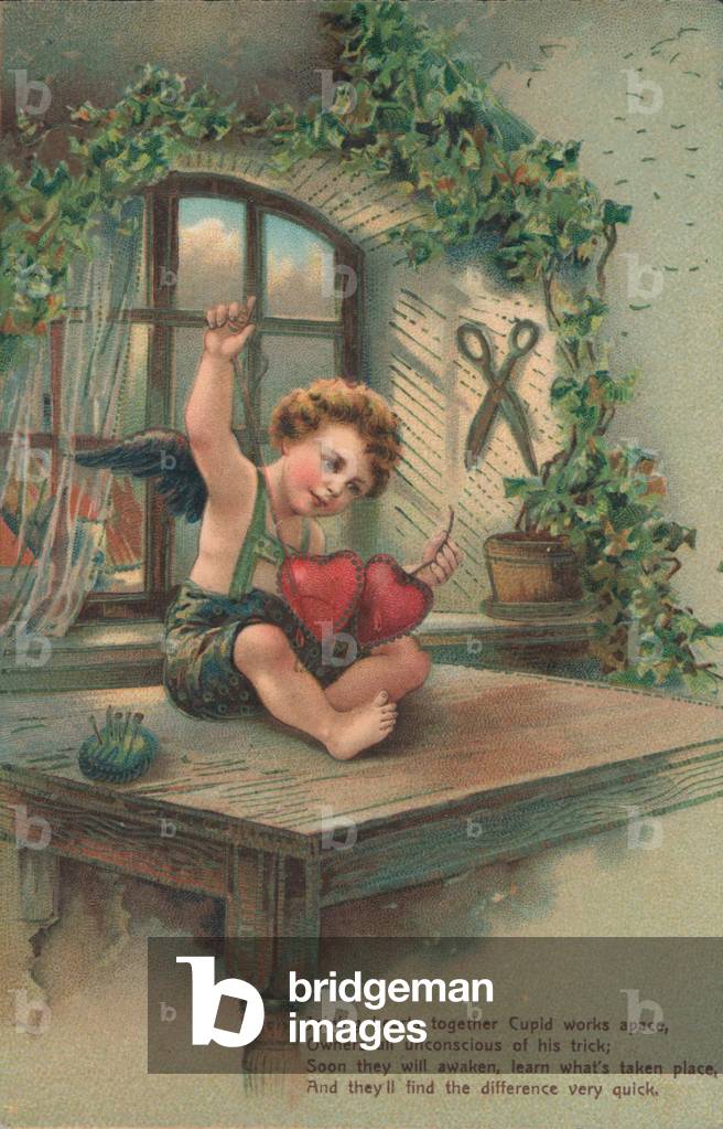 Putto joining hearts (chromolitho)