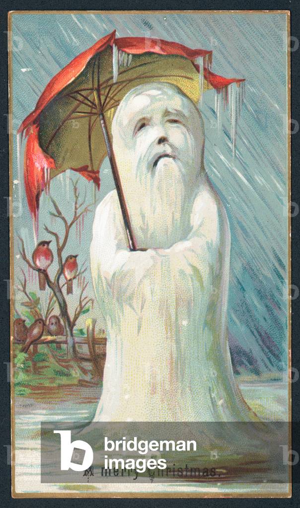 Shivering Snowman under umbrella, Christmas Card (chromolitho)